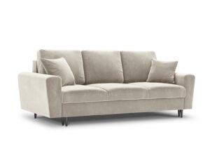 MICADONI Moghan sofa, m. sengefunktion og boks, 3 sæder - beige fløjl og sort krom metal