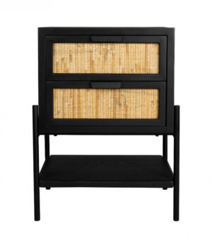 DUTCHBONE Yasu sengebord, m. 1 hylde og 2 skuffer - natur rattan og sort træ/jern (45x35)