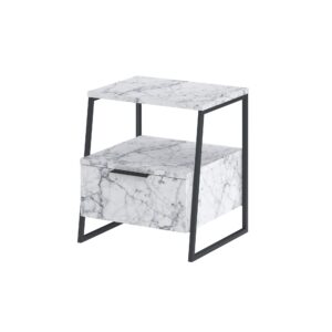 FUNZI LIVING Pal sengebord, m. 1 rum og 1 låge - Carrara marmor melamin og sort metal (45x40)