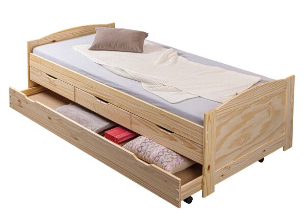 Marinella enkeltseng 90x200 incl. lamelbund, 3 små og 1 stor skuffe til opbevaring eller gæsteseng, natur