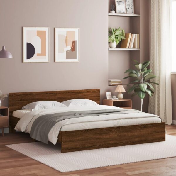 Sengeramme med sengegavl 200x200 cm brun egetræsfarve