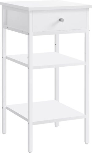 VASAGLE sengebord, m. 2 hylder og 1 skuffe - hvid spånplade og hvid stål (35x35)