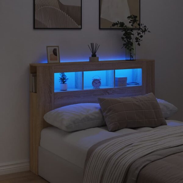 vidaXL sengegavl 140x18,5x103,5 cm LED-lys konstrueret træ sonoma-eg