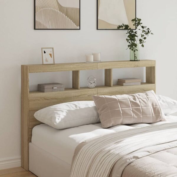 vidaXL sengegavl med opbevaring og LED-lys 160x17x102 cm sonoma-eg