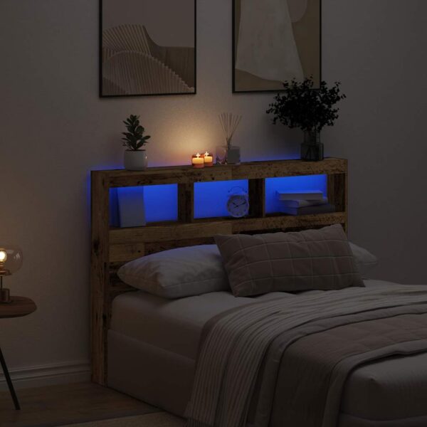 vidaXL sengegavl med opbevaring og LED-lys 140x17x102 cm antikt træ