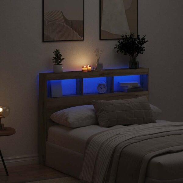 vidaXL sengegavl med opbevaring og LED-lys 140x17x102 cm kunsteg