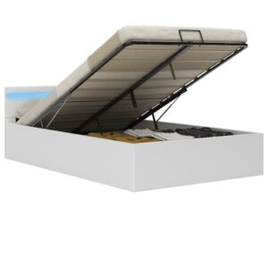 Hydraulisk opbevaringsseng med LED 120x200 cm kunstlæder hvid