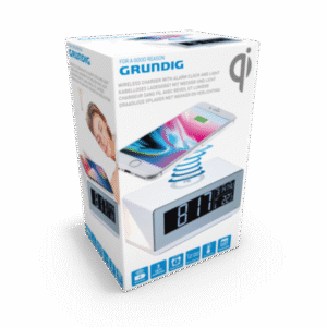 Grundig vækkeur med trådløs opladning og lys.