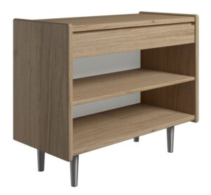 Krone 80 cm bredt sengebord i olieret egefiner med 1 skuffe og 1 hylde - Dansk produceret. 37 cm dybde Metalben