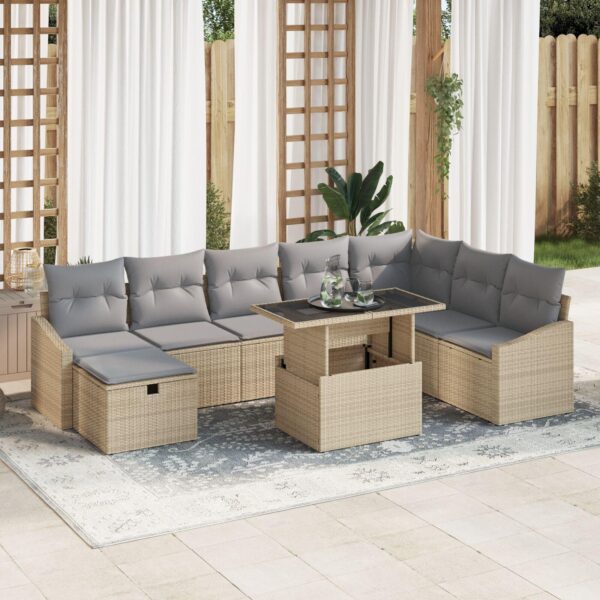 Havesofa Sæt med pude med opbevaring 9 stk Beige Poly rattan