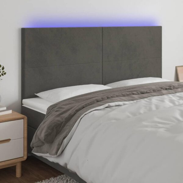 Sengegavl med LED-lys 180x5x118/128 cm fløjl mørkegrå