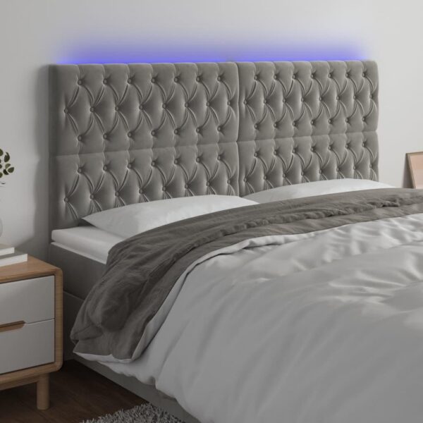 Sengegavl med LED-lys 200x7x118/128 cm fløjl lysegrå