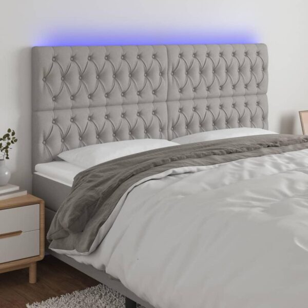 Sengegavl med LED-lys 200x7x118/128 cm stof lysegrå