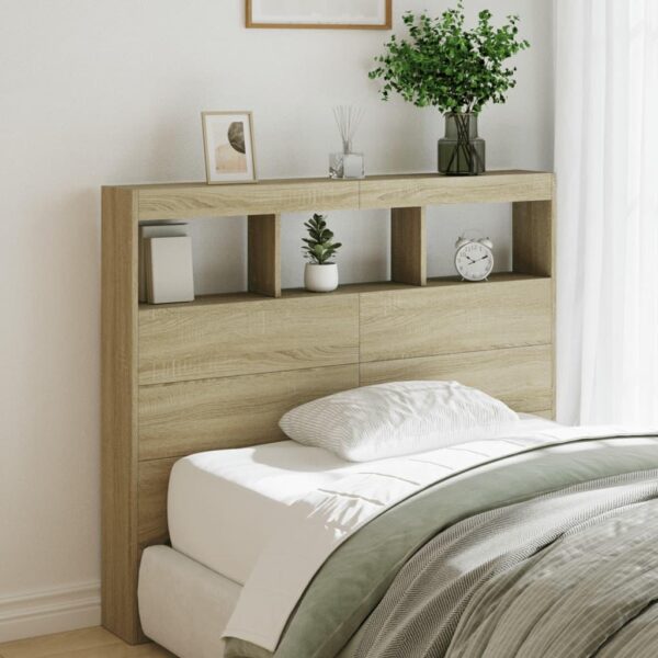 Sengegavl med opbevaring og LED-lys 120x17x102 cm sonoma-eg