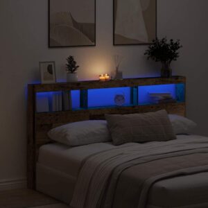 Sengegavl med opbevaring og LED-lys 180x17x102 cm antikt træ