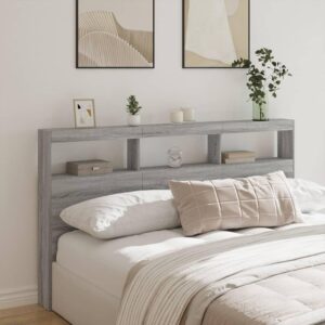 Sengegavl med opbevaring og LED-lys 180x17x102 cm grå sonoma-eg