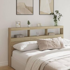 Sengegavl med opbevaring og LED-lys 180x17x102 cm sonoma-eg