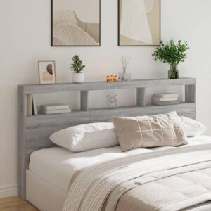 Sengegavl med opbevaring og LED-lys 200x17x102 cm grå sonoma-eg