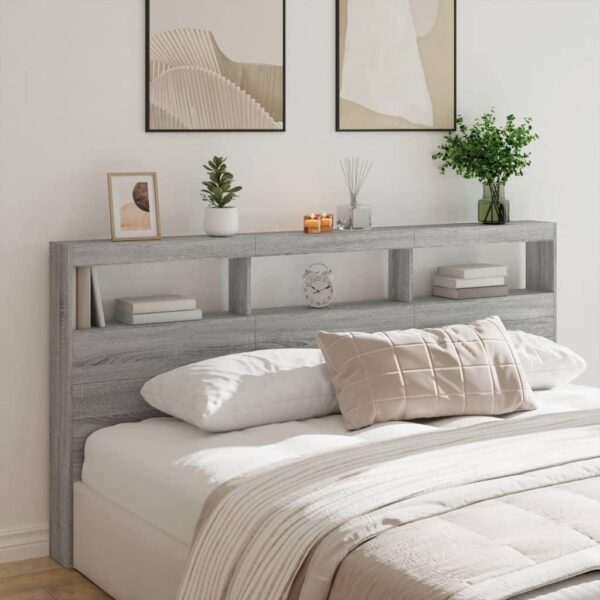 Sengegavl med opbevaring og LED-lys 200x17x102 cm grå sonoma-eg