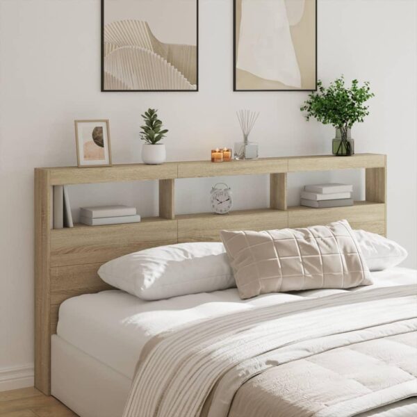Sengegavl med opbevaring og LED-lys 200x17x102 cm sonoma-eg