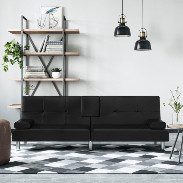Sovesofa med kopholdere kunstlæder sort