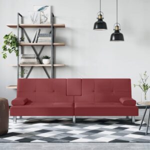 Sovesofa med kopholdere kunstlæder vinrød