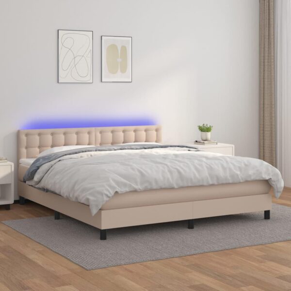 Kontinentalseng LED-lys 160x200 cm kunstlæder cappuccinofarvet