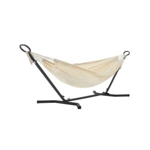 Hængekøje med stativ – 210 × 150 cm, 5 højder, metalramme, 240 kg – sort stativ og beige hængekøje