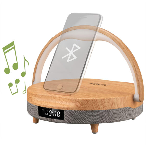Kienzle LED Vækkeur med Trådløs Opladning - Bluetooth - Træ/Grå