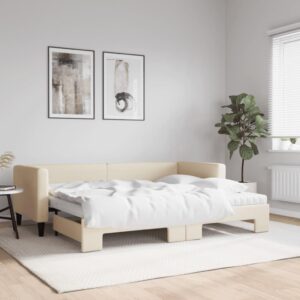 Daybed med udtræk og madras 80x200 cm stof cremefarvet