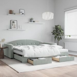 Daybed med udtræk og skuffer 100x200 cm velour lysegrå