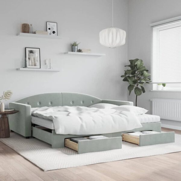 Daybed med udtræk og skuffer 100x200 cm velour lysegrå