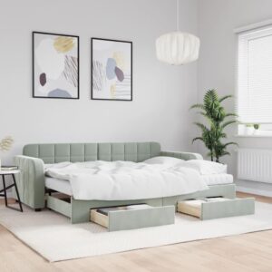 Daybed med udtræk og skuffer 80x200 cm velour lysegrå