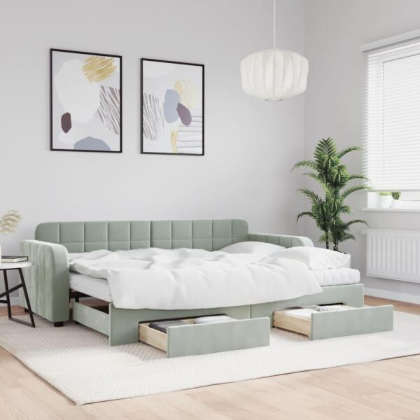 Daybed med udtræk og skuffer 80x200 cm velour lysegrå