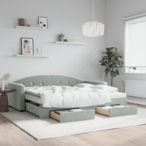Daybed med udtræk og skuffer 90x190 cm velour lysegrå