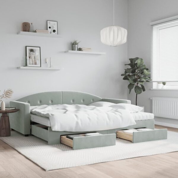 Daybed med udtræk og skuffer 90x190 cm velour lysegrå