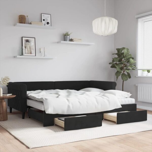 Daybed med udtræk og skuffer 90x200 cm velour sort