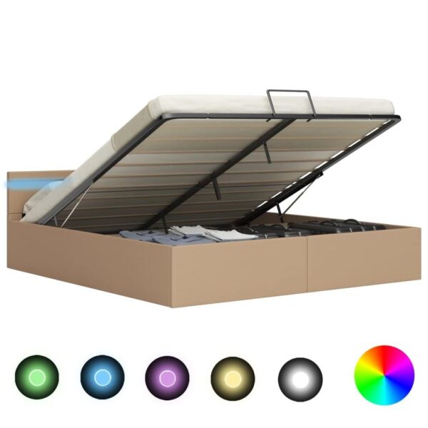 Hydraulisk opbevaringsseng LED 160x200 cm kunstlæder cappuccino