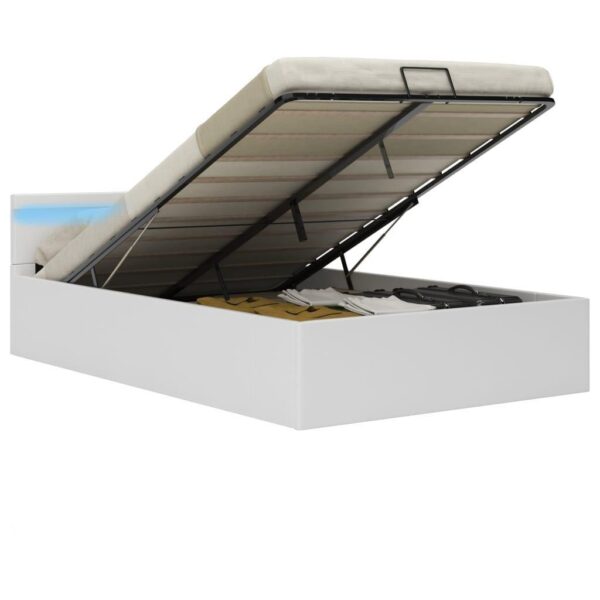 Hydraulisk opbevaringsseng med LED 120x200 cm kunstlæder hvid