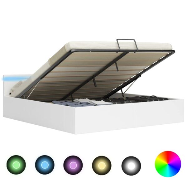 Hydraulisk opbevaringsseng med LED 160x200 cm kunstlæder hvid