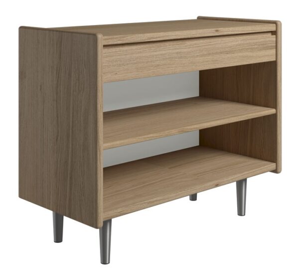 Krone 80 cm bredt sengebord i olieret egefiner med 1 skuffe og 1 hylde - Dansk produceret. 37 cm dybde Metalben
