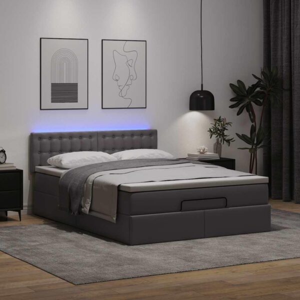 Osmannisk seng med madrasser & LEDs 140x200 cm kunstlæder grå