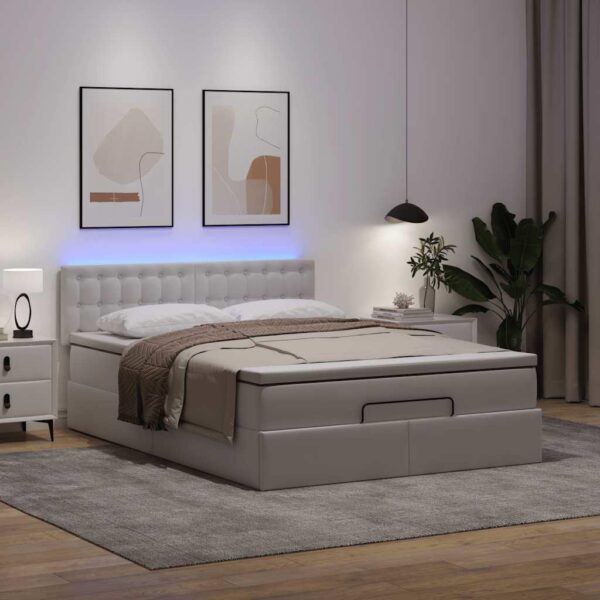 Osmannisk seng med madrasser & LEDs 140x200 cm kunstlæder hvid