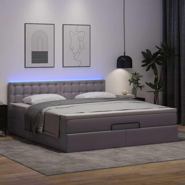 Osmannisk seng med madrasser & LEDs 180x200 cm kunstlæder grå