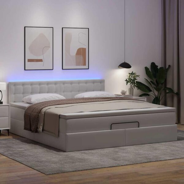 Osmannisk seng med madrasser & LEDs 180x200 cm kunstlæder hvid