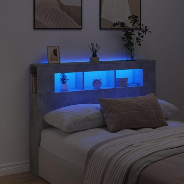 Sengegavl m. LED-lys 140x18,5x103,5 cm konstrueret træ betongrå
