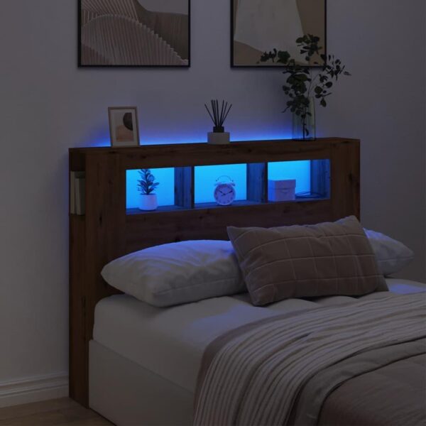 Sengegavl m. LED-lys 140x18,5x103,5 cm konstrueret træ kunsteg