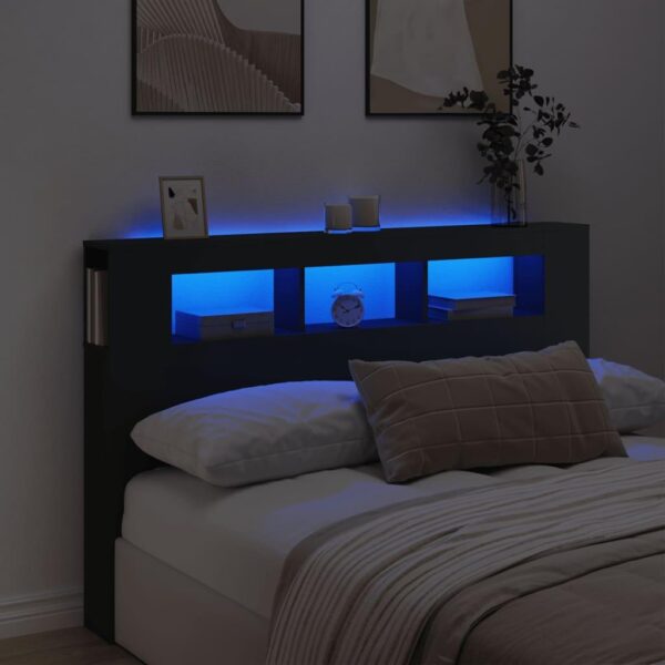 Sengegavl med LED-lys 160x18,5x103,5 cm konstrueret træ sort