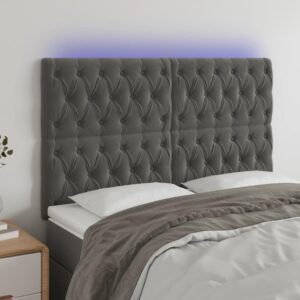Sengegavl med LED-lys 160x7x118/128 cm fløjl mørkegrå