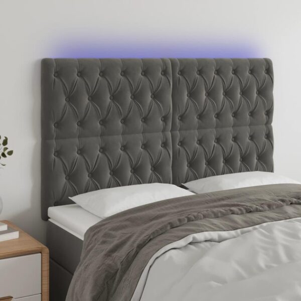 Sengegavl med LED-lys 160x7x118/128 cm fløjl mørkegrå
